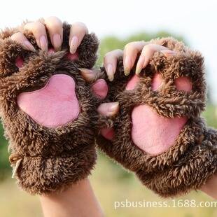 Cat's Claw Gloves Winter Cute Cartoon Cat Girl's Gloves Thickened Fluffy Bear's Paw Half-Finger Gloves
