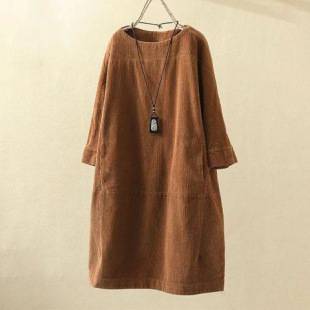 Cross-border autumn and winter new arrival corduroy retro solid color dress loose dress fat sister plus size women's clothing