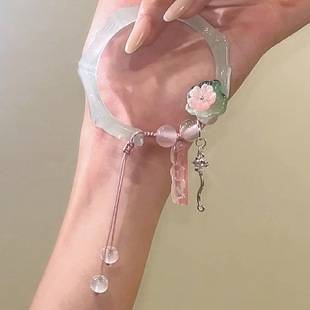 New Chinese Style Lotus Leaf Pink Lotus Bamboo Bracelet Women's Fashion Sweet Retro Tassel Temperament Bracelet Bracelet