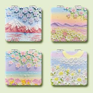 Small Mirror Hand Painted Oil Painting Makeup Mirror Portable Hand Mirror Folding Double-sided Mirror Hand Clamshell Makeup Mirror