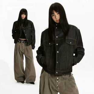 American-style trendy denim jacket with a black stand-up collar, suitable for spring and autumn, featuring a stylish asymmetrical placket and a structured, short design for women