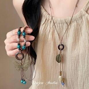 Chinese-style butterfly leaf ceramic oval pendant necklace, vintage long chain, niche design accessory