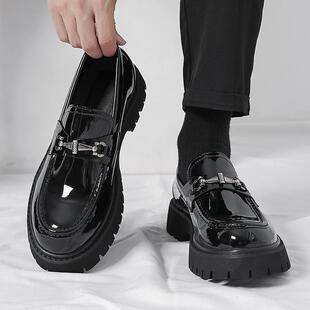 2025 New Style Thick-Soled Height-Increasing Men's Large Leather Shoes, Patent Leather Glossy Casual Chunky Heel Loafers, Hairstylist Trendy Shoes
