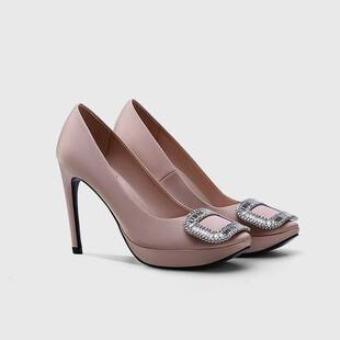 Factory Direct Sale Women's High Heels with Thin Heels, Fashionable and Sexy Shallow Mouth Rhinestone Waterproof Platform Shoes with Square Buckle, Red Wedding Shoes