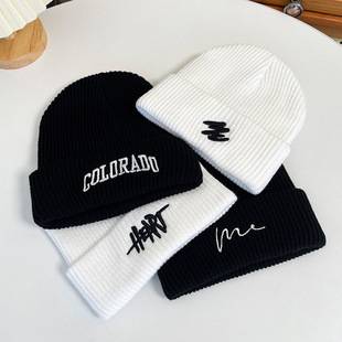 Knitted Hat Men's Autumn and Winter Korean Style Letter Embroidered Woolen Hat Hip-Hop Trendy Couple Versatile Ear Protection Pullover Cold Hat