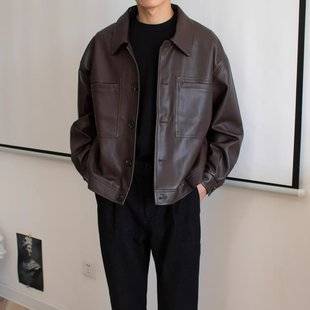 2024 Spring and Autumn New PU Leather Men's Loose Casual American Vintage Short Motorcycle Leather Jacket Men's Coat