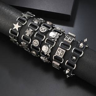 Handmade Leather Skull Rivet Bracelet, Punk Style, Adjustable Men's Motorcycle Bracelet, Personalized Chain, Cross-Border Wholesale