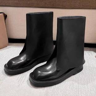 Celebrity style genuine leather flat boots Martin boots pants tube mid-calf boots women's skinny Knight boots slip-on fashion short
