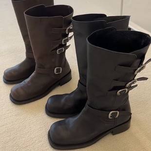 In-Stock Cowhide Version~New Korean Style Dual-Wear Thick-Soled Mid-Calf Boots for Women, Round Toe, Belt Buckle, Slip-On High-Tube Riding Boots