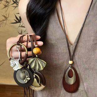 New Chinese Zen Wooden Pendant Necklace for Women, Retro Style Han Dynasty Long Lanyard Sweater Chain, Chinese Style Decorative Necklace