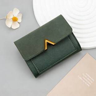 Ins-Style Women's Short Wallet, Korean Version, Simple Color-Blocking Buckle Card Holder, Student Portable Coin Purse, Fashionable Leather Wallet