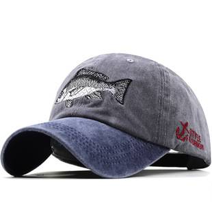 Popular coated cotton baseball cap for AliExpress, cross-border cap, fishing cap, hemp embroidered shark washable cap, unisex vintage style