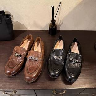 Cowhide Version ~ British Style Metal Lock Loafers, Retro Distressed Small Leather Shoes, Low-Heeled Shoes