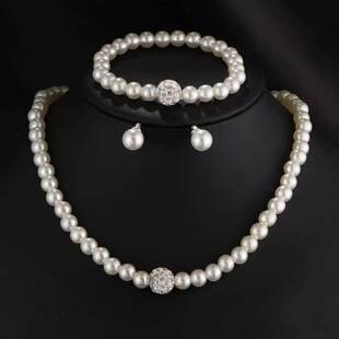 Korean Style Fashionable Abs Pearl Necklace for Women, Bracelet, Earrings, Necklace Three-Piece Set, Bridal Wedding Accessories Event Set