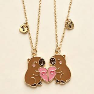 Foreign Trade Cross-Border Cartoon Magnetic Necklace for Women, Heart-Shaped Best Friend Bff Alloy Jewelry, Cartoon Girl Pendant Accessory