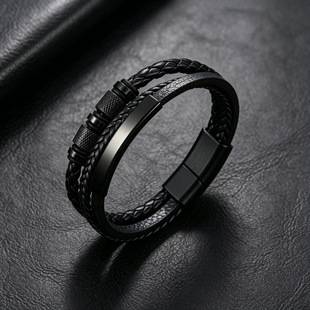 Cross-Border Trendy Handmade Three-Layer Woven Leather Bracelet for Men with Alloy Magnetic Clasp Design