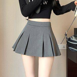 Hot Girl Style Grey Pleated Skirt Women's Spring High Waist Slimming Elegant A- line Skirt All-match Anti-glare Short Skirt
