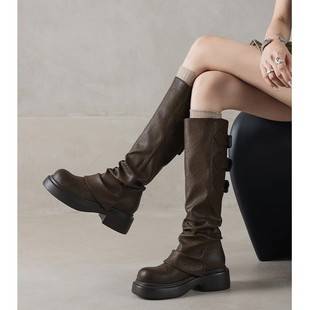 In Stock, Fleece-Lined~ Wasteland Style Long Boots for Women, 2025 New Autumn and Winter Thick-Soled Retro Brown Long Riding Boots