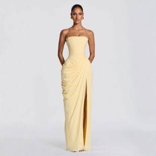 2026 Amazon In-Stock New Women's One-Shoulder Strapless Solid Color Slit Fashion Sexy Backless Evening Dress