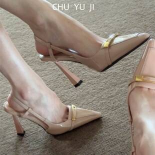 First Encounter with Ji Yang Shulin's High-Heeled Single-Strap Sandals for Women, Stunning Mature Style, 2025 New Model, Patent Leather Closed-Toe One-Strap Sandals