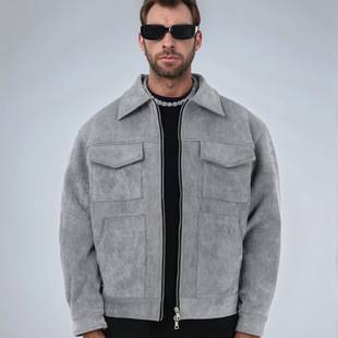 European and American Cross-Border Men's Fashion Suede Jacket with Large Pockets, Casual Turn-Down Collar Spring and Autumn Jacket for Men