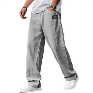 Cross-Border Men's Casual Cotton and Linen Fabric Embroidered Logo Drawstring Loose Elastic Waist Pocket Trousers