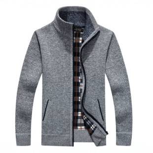 Men's spring, autumn, and winter cardigan sweater with zipper, thickened and fleece-lined, stand-up collar, loose-fitting, warm knit outerwear