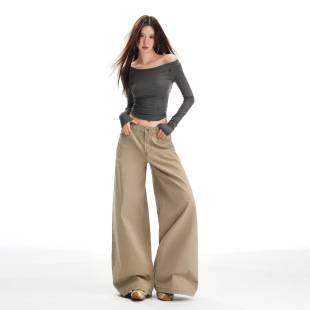 Khaki High-Waisted Straight-Leg Jeans for Women 2026 Autumn New Versatile Loose Slimming Wide-Leg Casual Long Pants