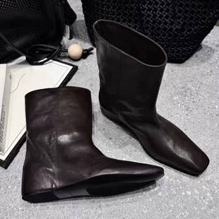 Cowhide Version ~ Autumn and Winter New Korean Style Simple Square Toe Versatile Elegant Low-Heeled Knight Boots for Women, Mid-Calf Boots for Women