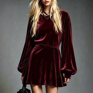 2026 Amazon European and American Cross-Border Autumn/Winter New Korean Velvet Dress Round Neck Lantern Sleeve Tie-Waist Short Dress for Women