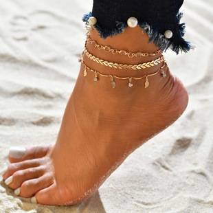European and American Foreign Trade New Leg Chain Beach Multi-layer Anklet Women's High-grade Glass Glossy Leaves Zircon Anklet Set