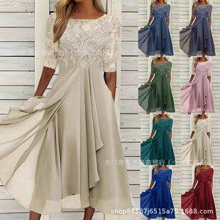 Amazon Europe and America 2026 New Cross-Border Chiffon Splicing Lace Hollow-Out Dress Bridesmaid Evening Gown Women's Clothing