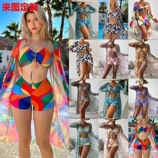 European and American foreign trade swimsuit women's split three-piece high waist long sleeve net popular suit blouse sexy bikini wholesale