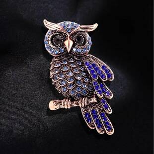 Luxurious Diamond-Encrusted Blue Owl Brooch, Clothing Pin, Accessory, Vintage Owl Brooch