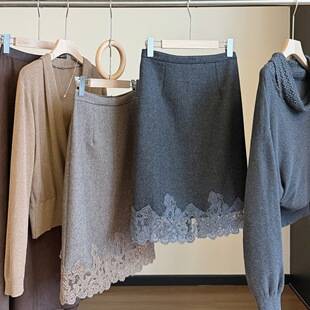 Elegant and sophisticated lace-trimmed wool blend midi skirt for women, new autumn collection, high-waisted, versatile, straight-cut, with a slit