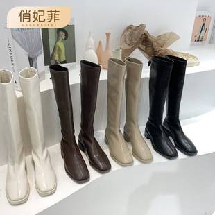 Back Zipper Fleece-Lined Long Boots 2026 New Style Square-Toe Riding Boots White Versatile High Boots Women's Slim Boots
