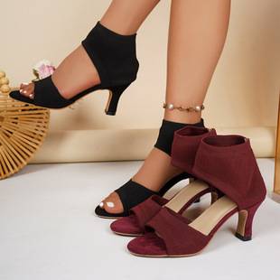 Foreign trade knitted elastic high-heeled sandals, 2026 new model, fish mouth open-toe stiletto women's fashion sandals, wholesale
