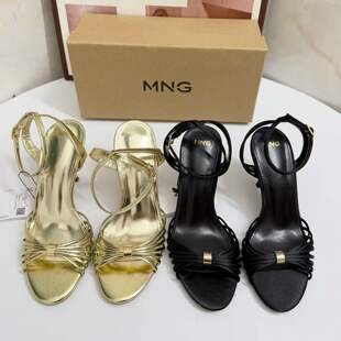 MNG sexy gold stiletto sandals for women with one-strap buckle, thin straps, metal accents, stylish and comfortable high heels