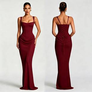 Amazon foreign trade women's slim-fit fishtail long dress with adjustable straps, light luxury evening wedding party dress
