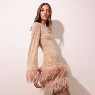Autumn New European and American Cross-Border Women's Waist-Cinching Sexy Short Skirt Dress with Large Backless Long Sleeves Sequined Feather Dress
