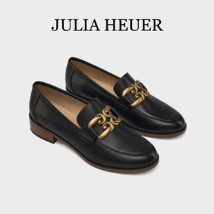 Julia Heuer Double Hook Metal Buckle Loafers with Chunky Heel and Round Toe 24132