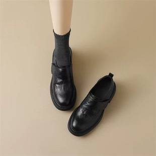 Super Soft Leather Slip-On Loafers for Women, Thick-Soled Velcro Small Leather Shoes, Commuter High-End Thick-Heeled Flats, Lazy Shoes