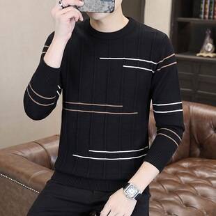Autumn thin sweater, men's round-neck striped knit top, trendy knitwear for teenagers, warm base layer