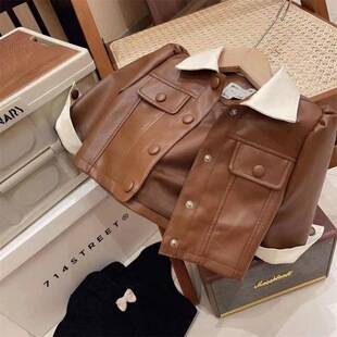 Girls' leather jacket, 2026 autumn new style, fashionable children's short top, girl's lapel jacket