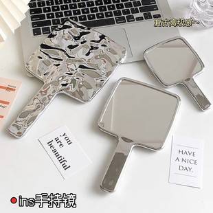 Ins Style Exquisite High-grade Small Mirror Portable Hand-held Beauty Makeup Mirror Mini Water Ripple silver Hand-held Mirror