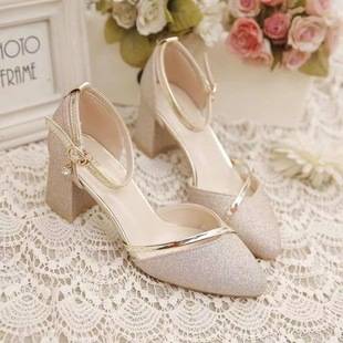 Border Trade High-heeled Shoes Women's 2023 New Summer Baotou Hollow Thick Heeled One-line Buckle High-heeled Sandals for Women
