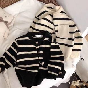 South Korea Children's Wear Children's Soft Waxy Striped Sweater Cardigan Baby Boys and Girls Spring and Autumn All-match Western-style Knitted Jacket Trendy