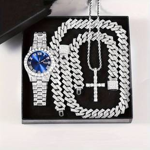 Popular Foreign Trade Item: Men's Luxury Steel Band Quartz Watch with Diamonds, Paired with a Hip-Hop Cuban Bracelet Set