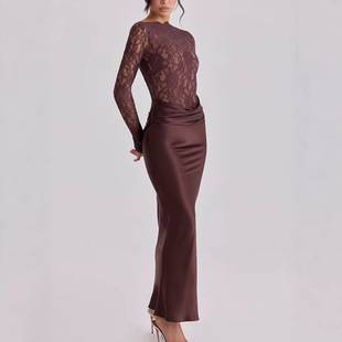 Cross-Border Women's Fashion New European and American Style Slim Fit Hip-Hugging Lace Patchwork Fishtail Dress Sexy Ruched Satin Gown