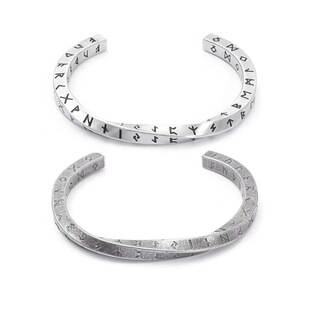 E-Commerce Supply Personalized Retro Titanium Steel Twisted Engraved Four-Sided Viking Text Bracelet Open Bangle Wholesale in Stock
